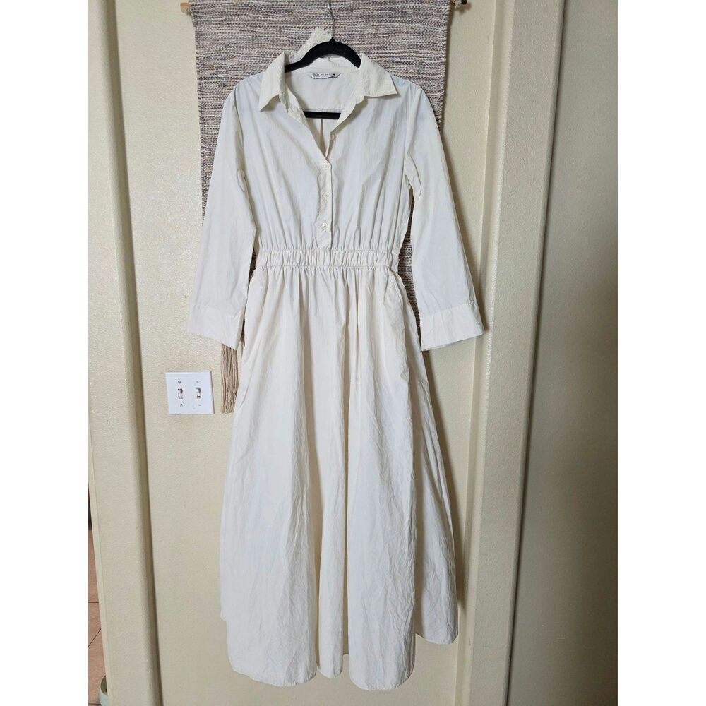 ZARA White Midi Maxi Shirt Dress Long Sleeve Button Front Elastic Waist size M